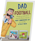 UK Greetings Father's Day card for dad with a humorous football design, featuring colorful football-themed artwork.