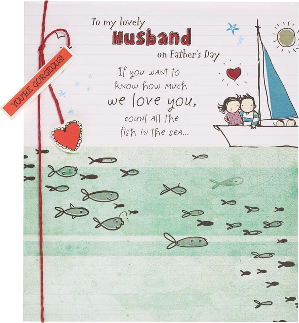 UK Greetings Father's Day card for husband featuring a sweet design, with colorful illustrations and heartfelt message.