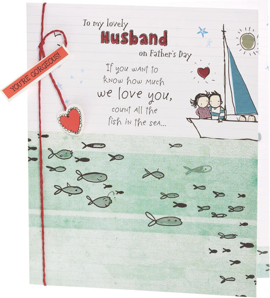 Father's Day card for husband by UK Greetings featuring a sweet, heartfelt design with colorful illustrations and cheerful message.