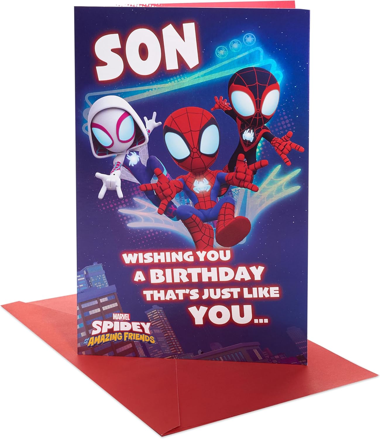 Marvel Spider-Man birthday card for son by UK Greetings featuring a cool superhero design and vibrant colors.