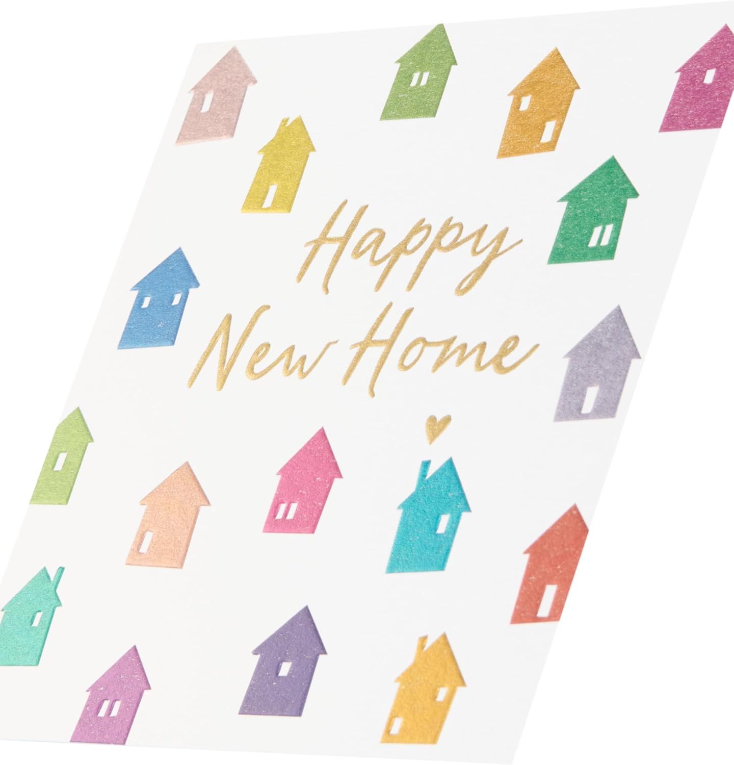 Colorful Houses New Home Wishes Card by UK Greetings, featuring vibrant illustrations of houses on a cheerful greeting card.