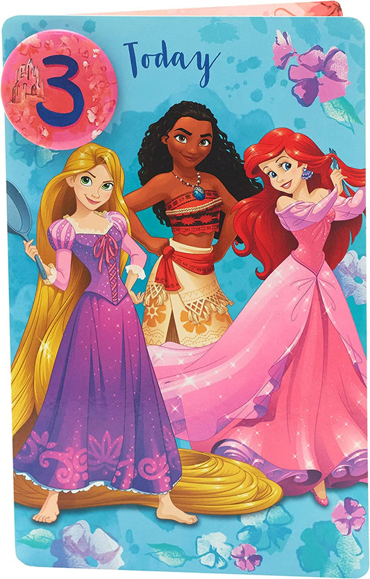 Disney Princesses 3rd birthday greeting card with badge from UK Greetings, featuring colorful princess illustrations and birthday message.