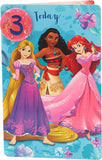 Disney Princesses 3rd birthday greeting card with badge from UK Greetings, featuring colorful princess illustrations and birthday message.