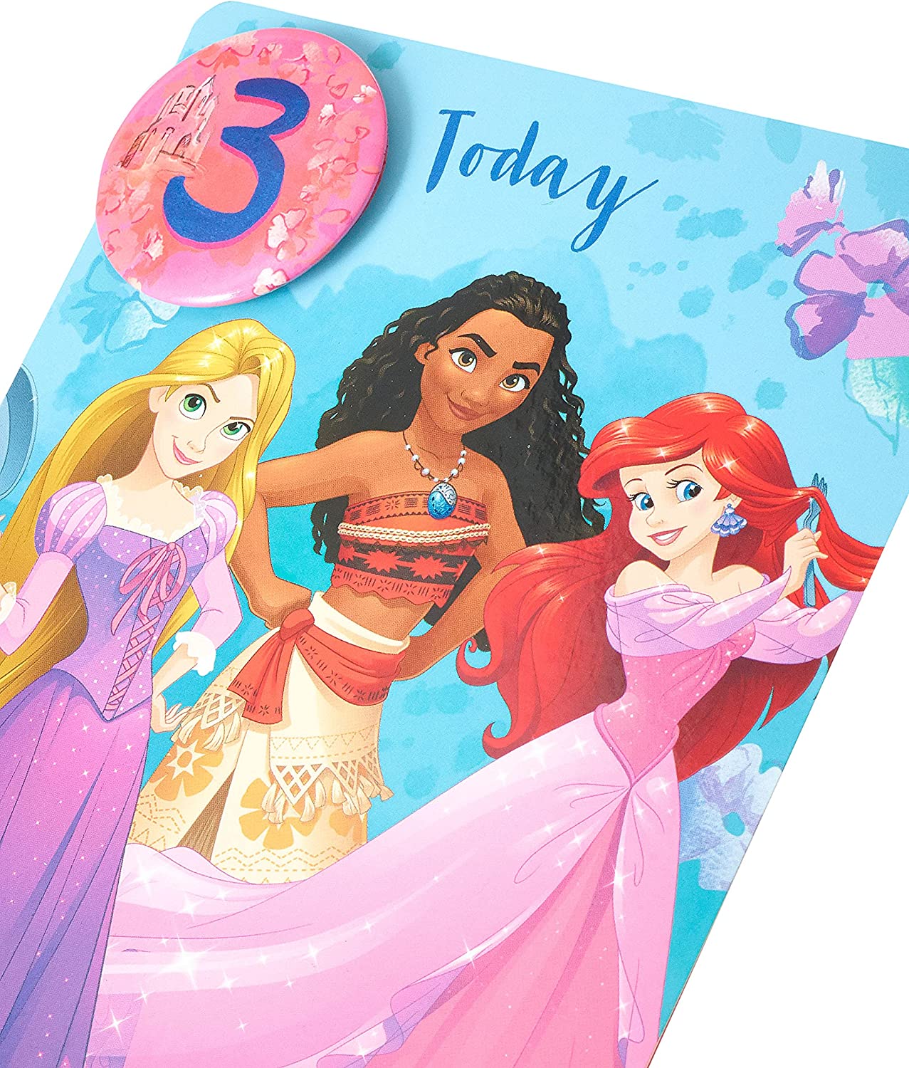 Disney Princesses birthday greeting card with badge, featuring colorful princess illustrations for a 3rd birthday celebration.