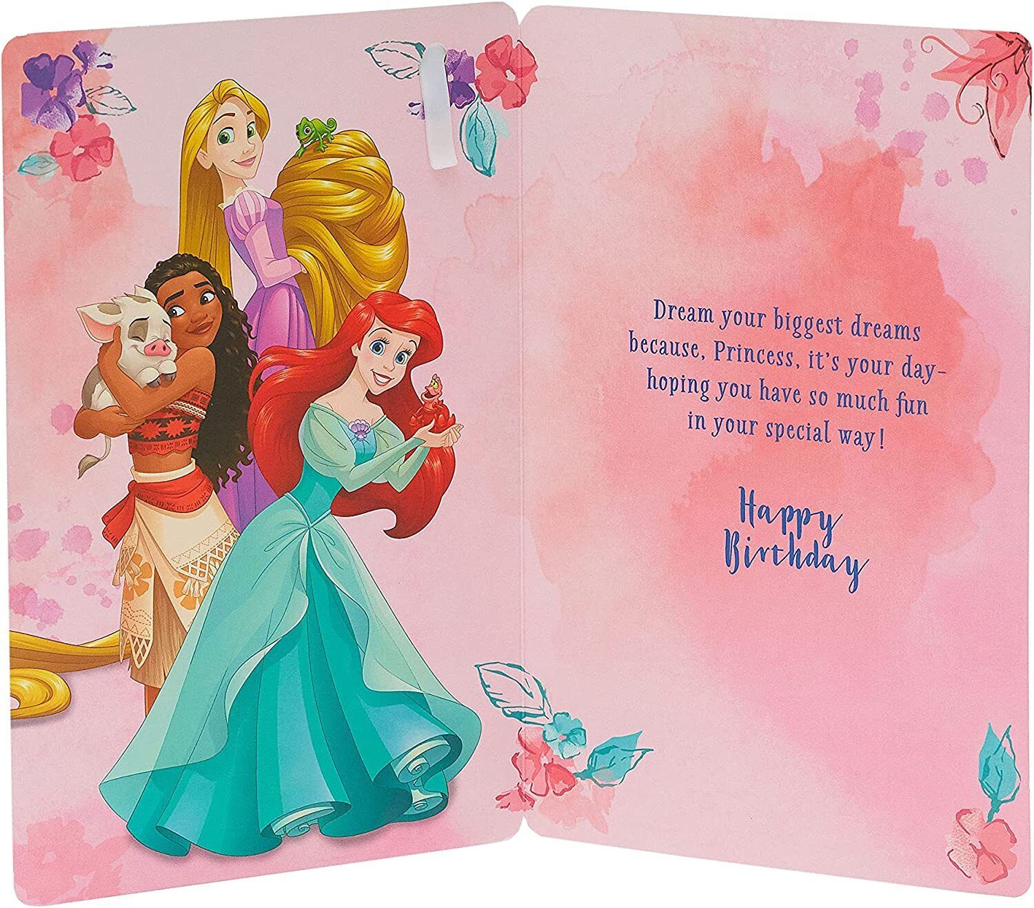 Disney Princesses 3rd birthday greeting card with badge from UK Greetings, featuring colorful princess illustrations and festive design.