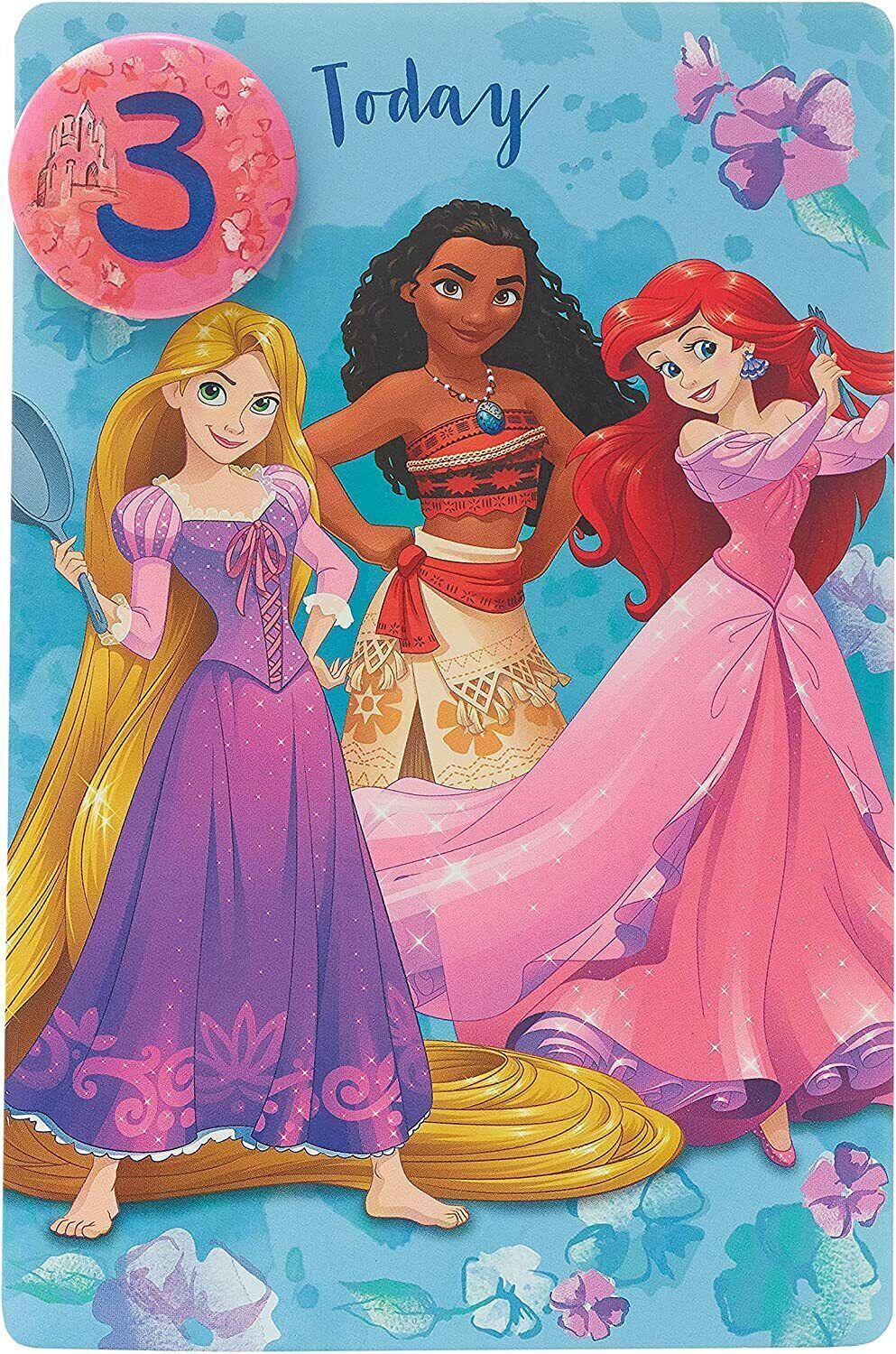 Disney Princesses 3rd birthday greeting card with badge from UK Greetings, featuring colorful princess characters and festive design.