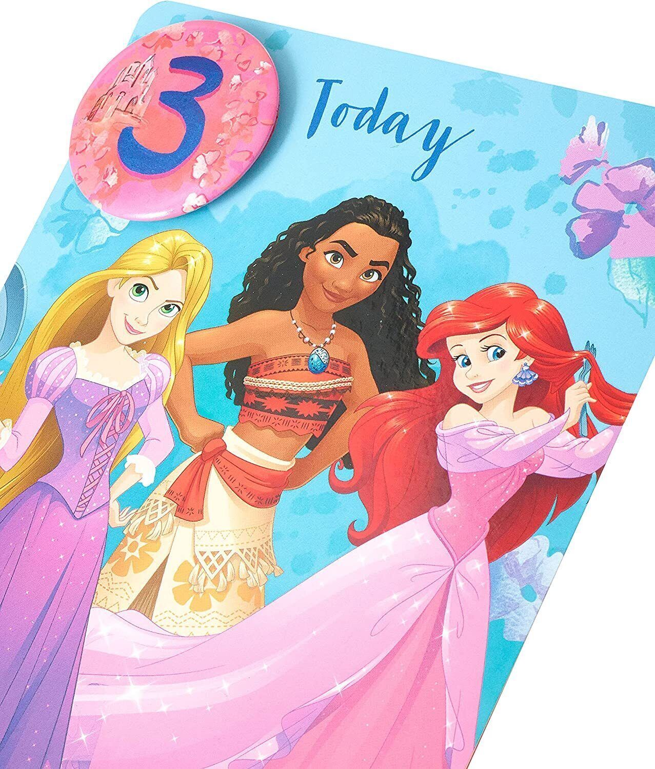 Disney Princesses 3rd birthday greeting card with badge, featuring colorful princess illustrations and festive design from UK Greetings.