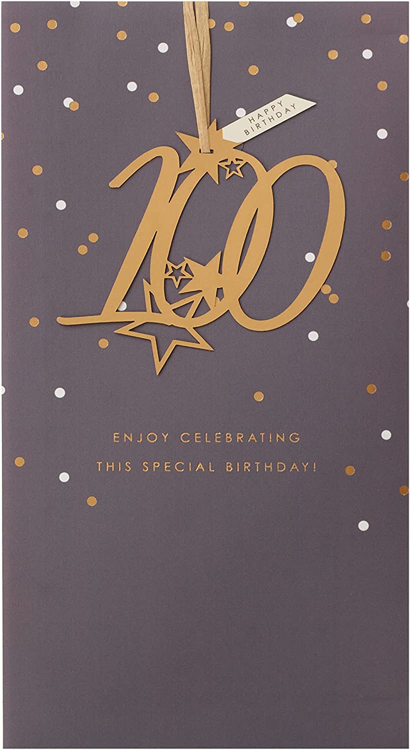 Elegant 100th birthday greeting card with detachable keepsake from UK Greetings, featuring a refined design and celebratory details.