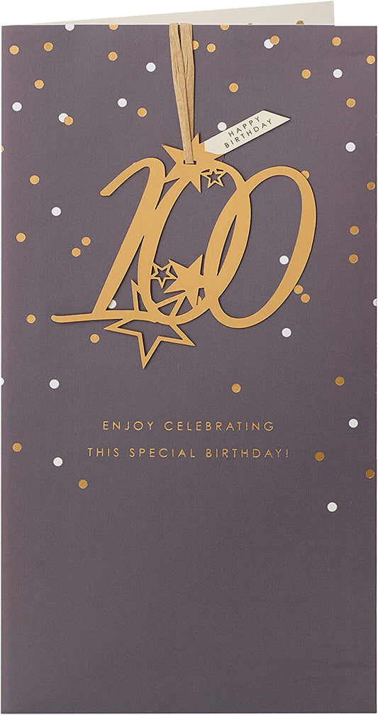 UK Greetings 100th birthday greeting card with elegant design and detachable keepsake, featuring floral illustrations and celebratory elements.