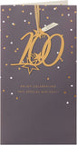 UK Greetings 100th birthday greeting card with elegant design and detachable keepsake, featuring floral illustrations and celebratory elements.