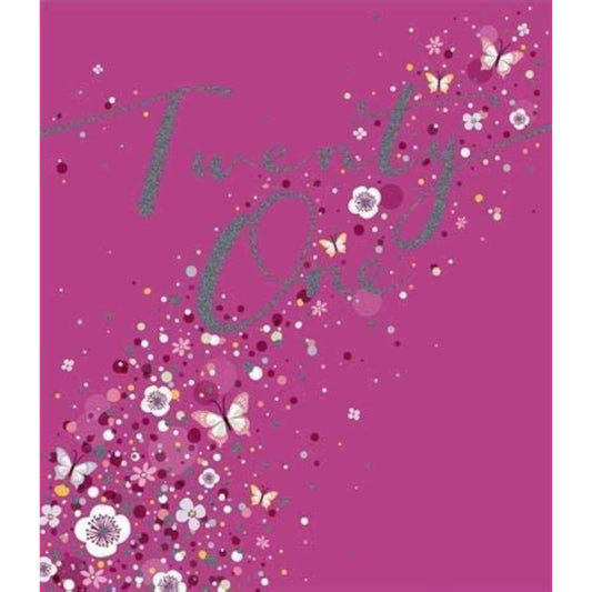 Pink flowers and butterflies greeting card for 21st birthday, featuring floral and butterfly designs by UK Greetings.