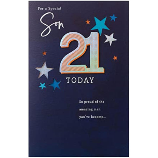 Silver holographic 3D 21st Son birthday greeting card from UK Greetings with festive design and shiny finish.