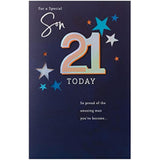 Silver holographic 3D 21st Son birthday greeting card from UK Greetings with festive design and shiny finish.