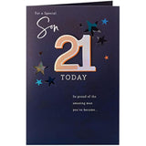 Silver holographic 3D 21st Son birthday greeting card by UK Greetings with festive design and shiny holographic finish.