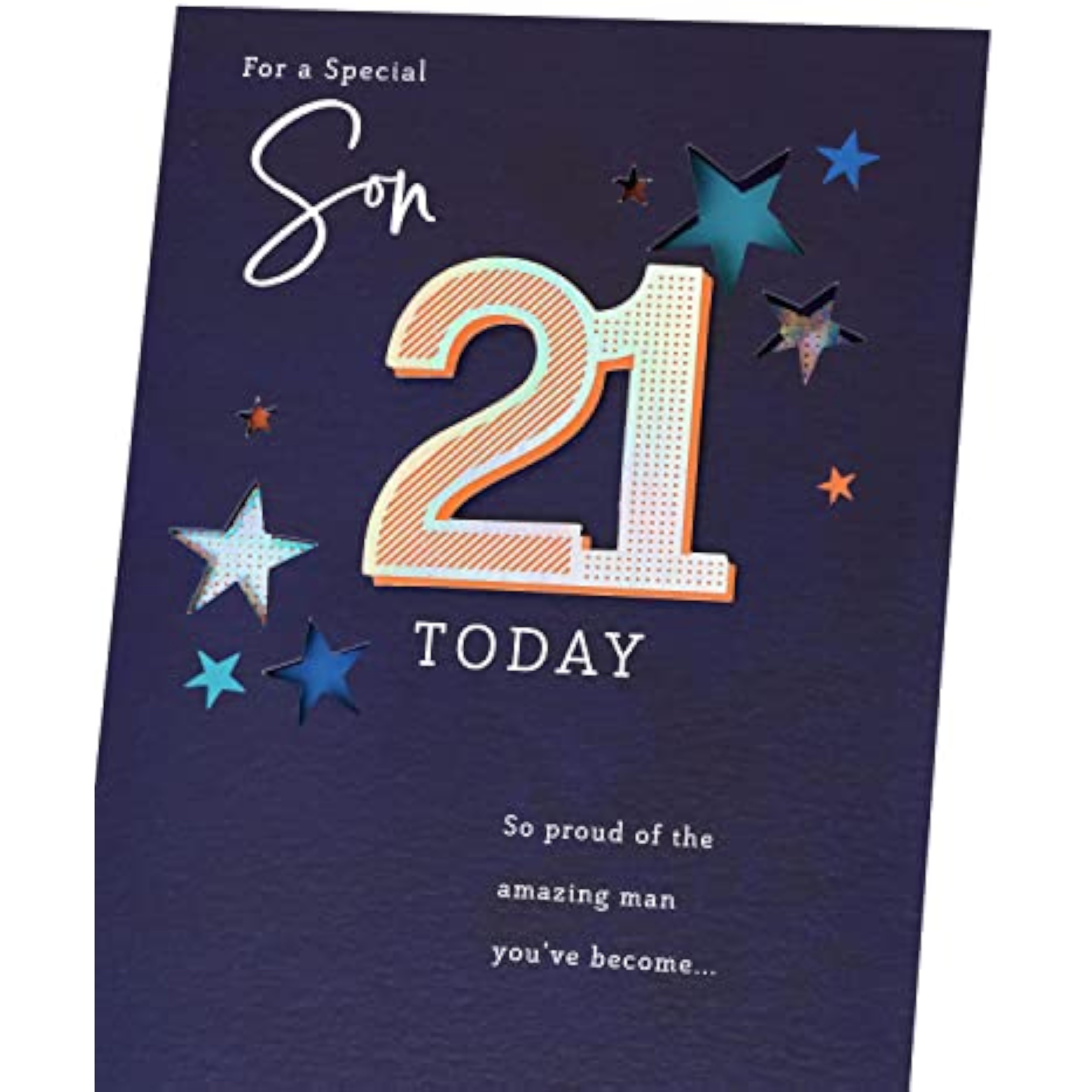 Silver holographic 3D 21st Son birthday greeting card from UK Greetings with festive design and shiny finish.
