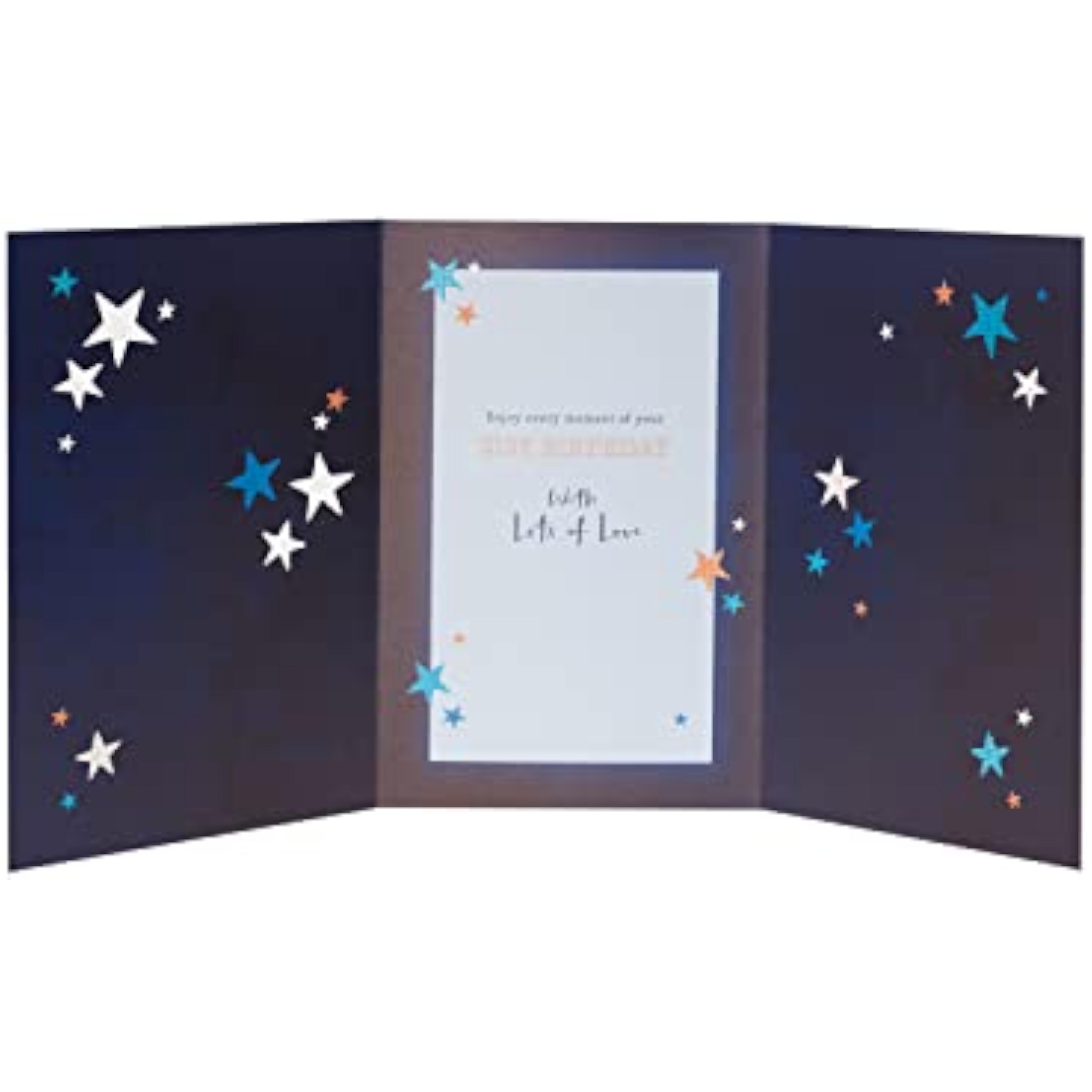 Silver holographic 3D 21st Son birthday greeting card by UK Greetings, featuring a festive design and celebratory message.