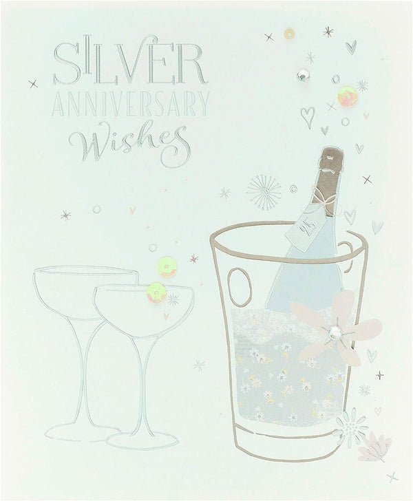 Silver anniversary greeting card with gems and sequins sparkle, celebrating 25th milestone, by UK Greetings.