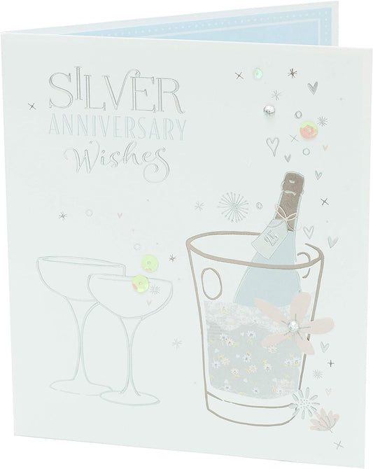 Silver 25th anniversary greeting card with glittering gems and sequins, featuring elegant sparkly design by UK Greetings.