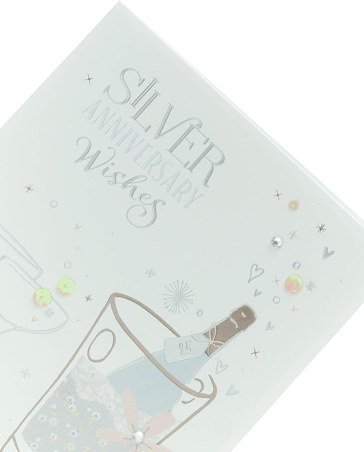 Silver anniversary greeting card with sparkling gems and sequins, featuring elegant design for celebrating 25 years.