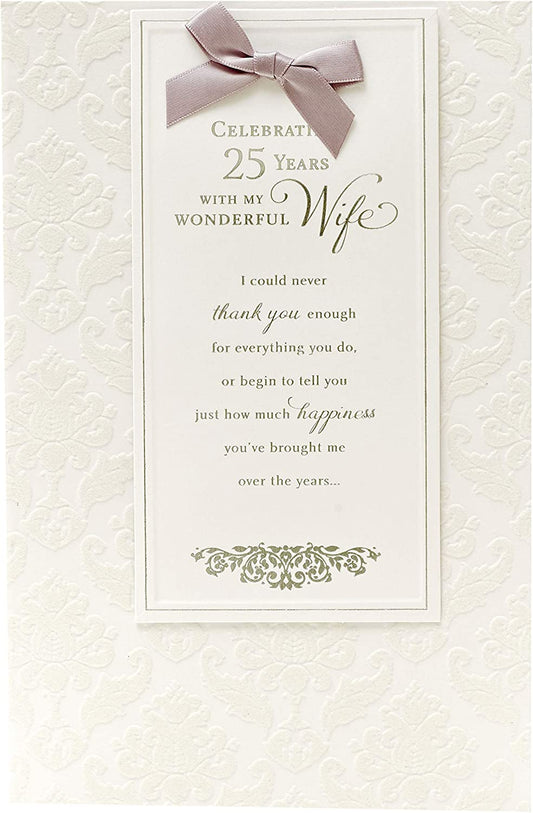 Silver anniversary greeting card for wife featuring a romantic bow design, by UK Greetings.