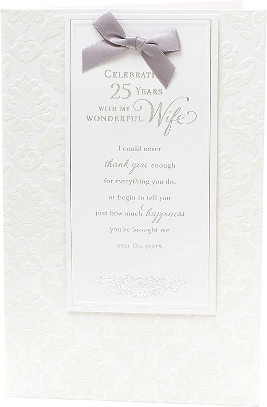 Silver anniversary greeting card for wife with romantic bow design, by UK Greetings, featuring elegant silver accents and heartfelt message.