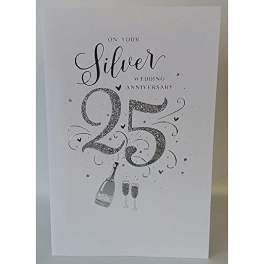Silver 25th wedding anniversary greeting card by UK Greetings featuring elegant silver-themed design and heartfelt message inside.