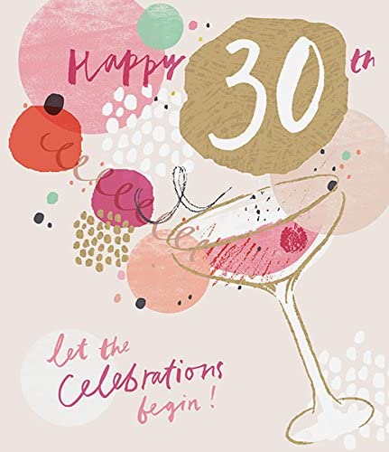 UK Greetings 30th birthday greeting card featuring colorful cocktail illustrations celebrating a milestone birthday.