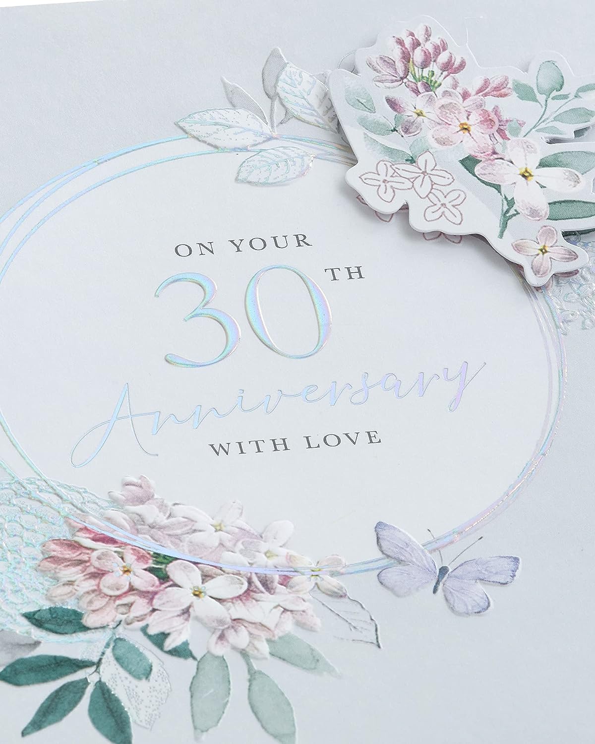 Beautiful floral design 30th wedding anniversary greeting card for him, her, or friends by UK Greetings.