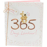 UK Greetings 365 Days Lovelier Boofle birthday greeting card featuring a cute Boofle character and colorful floral design.