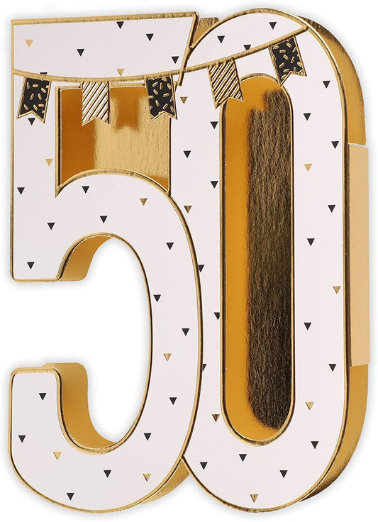Folded 3D 50th birthday greeting card with die-cut number design by UK Greetings showing colorful celebratory elements.