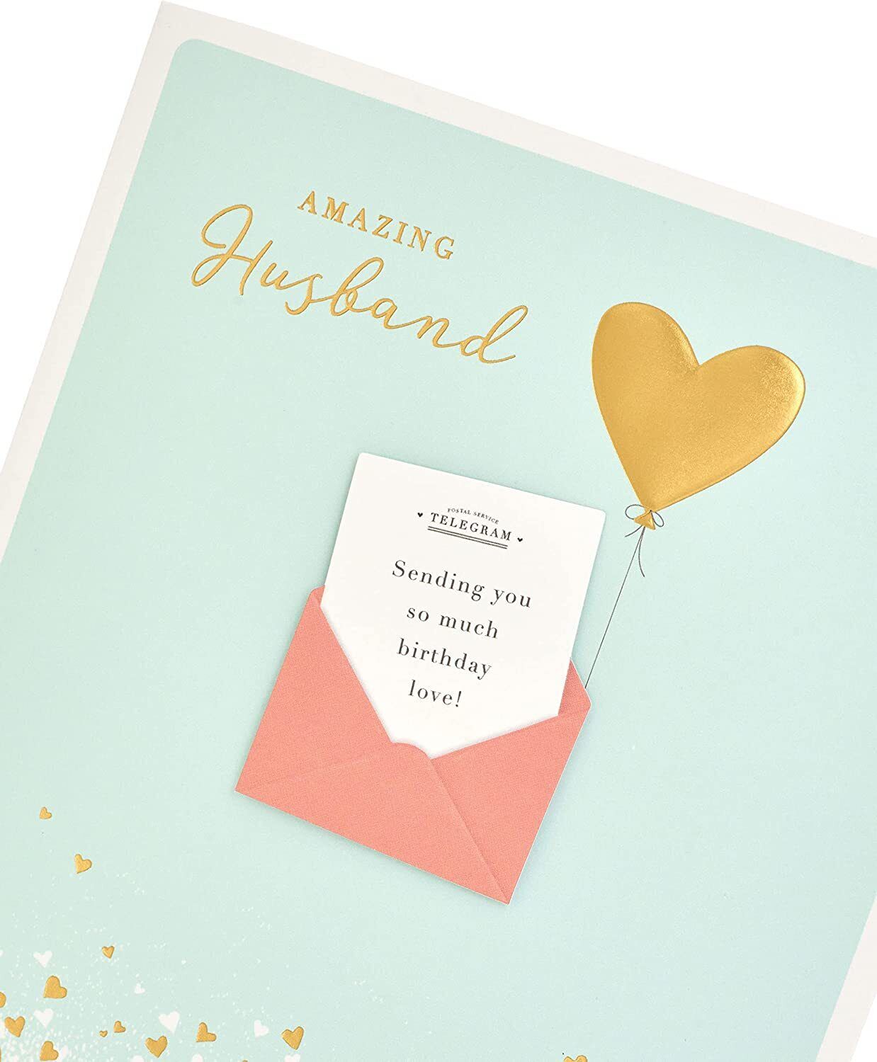 3D effect husband birthday greeting card from UK Greetings featuring a colorful, pop-up design with celebratory imagery.
