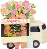 Colorful 3D flower van birthday greeting card by UK Greetings showing vibrant floral design on the front.
