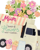 3D flower van mum birthday greeting card from UK Greetings featuring colorful floral design and cheerful birthday message.