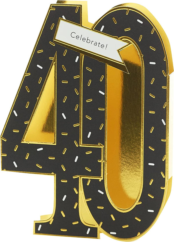 3D gold foil 40th birthday pop-up greeting card by UK Greetings with intricate design and festive decoration inside.