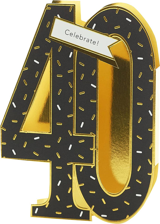 3D gold foil 40th birthday pop-up greeting card by UK Greetings with intricate design and festive decoration inside.