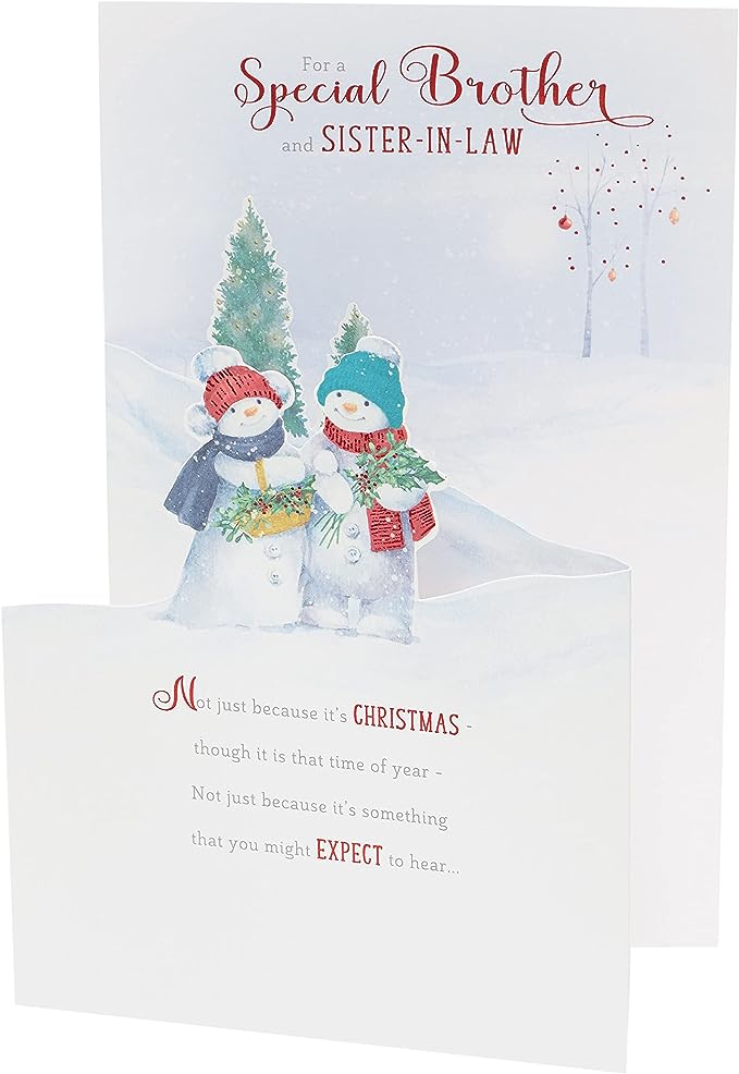 3D illustrated Christmas card featuring snowmen for brother and sister-in-law, UK Greetings holiday greeting card design