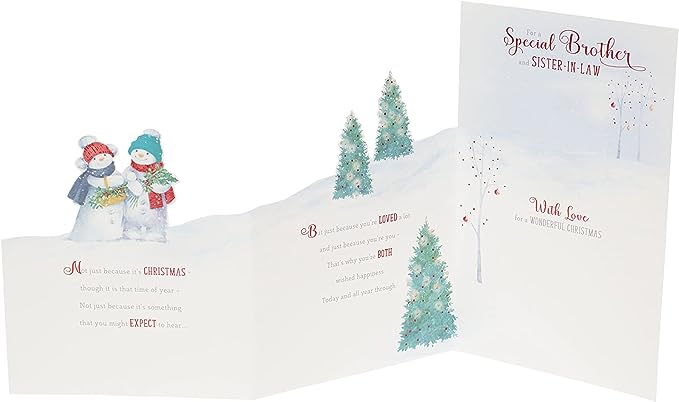 3D illustrated Christmas greeting card featuring snowmen for brother and sister-in-law, UK Greetings festive holiday design.