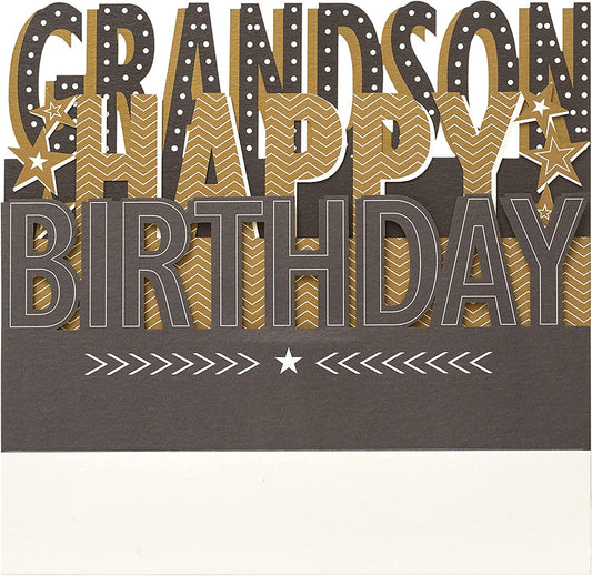 3D pop-up grandson birthday greeting card with colorful design and festive decorations, by UK Greetings.