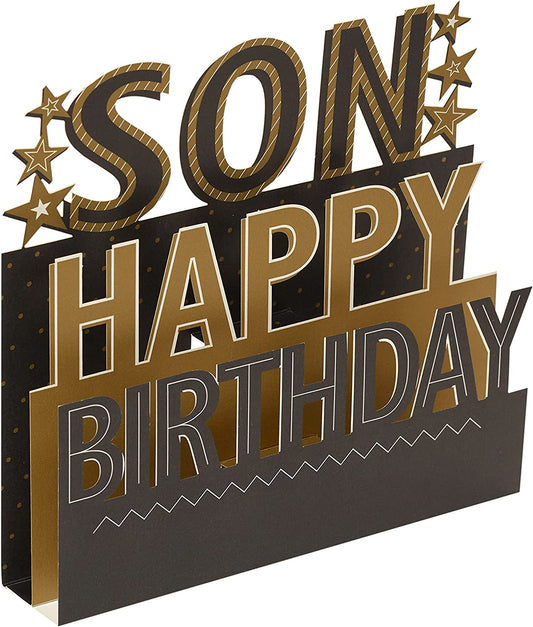 3D pop-up Son birthday greeting card by UK Greetings featuring vibrant, detailed 3D design and festive birthday imagery.