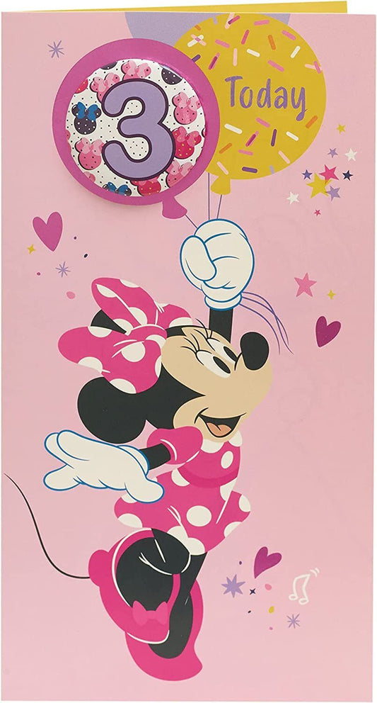 Pink Minnie Mouse birthday greeting card for girls, featuring cheerful Minnie illustration for a 3rd birthday celebration.