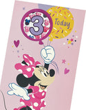 Minnie Mouse 3rd birthday greeting card for girls with colorful illustrations and playful design, by UK Greetings.