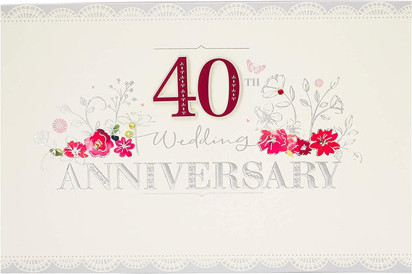 Red and silver foil 40th Ruby Anniversary greeting card from UK Greetings, featuring elegant design and celebratory motifs.