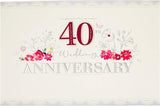 Red and silver foil 40th Ruby Anniversary greeting card from UK Greetings, featuring elegant design and celebratory motifs.