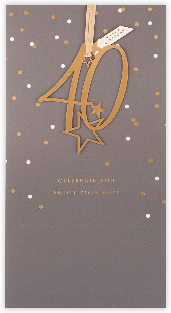 Birthday greeting card with a 40th starburst design, from UK Greetings, featuring colorful celebration graphics for milestone birthday.