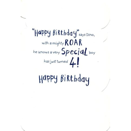 Colorful 4th birthday dinosaur greeting card for boys with a fun dino badge from UK Greetings, featuring playful dinosaur illustrations.