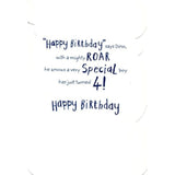Colorful 4th birthday dinosaur greeting card for boys with a fun dino badge from UK Greetings, featuring playful dinosaur illustrations.