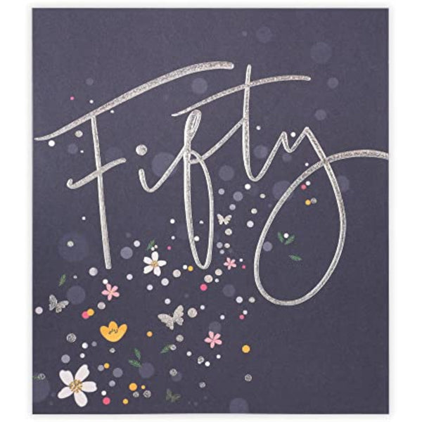 Colorful 50th birthday greeting card from UK Greetings with festive design and cheerful message for celebrating milestone birthdays.