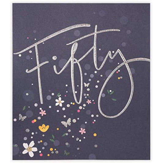 Colorful 50th birthday greeting card from UK Greetings with festive design and cheerful message for celebrating milestone birthdays.