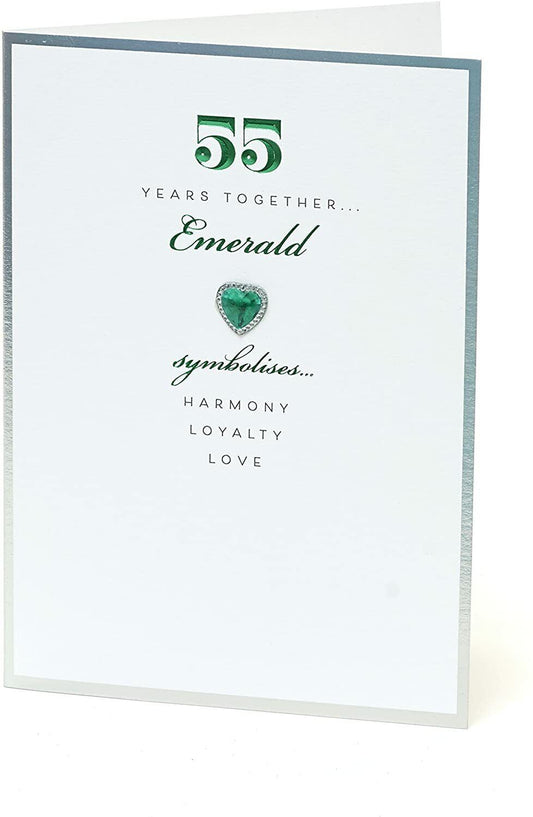 UK Greetings Emerald Anniversary greeting card featuring a heart-shaped gem and love-themed design for 55th celebration.