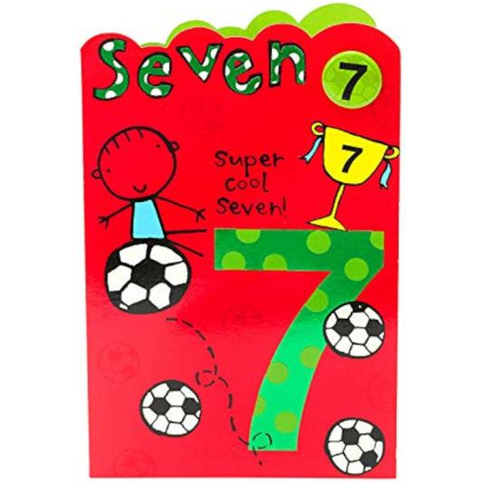 UK Greetings 7th football birthday card featuring a badge, with colorful football-themed design and greeting message.